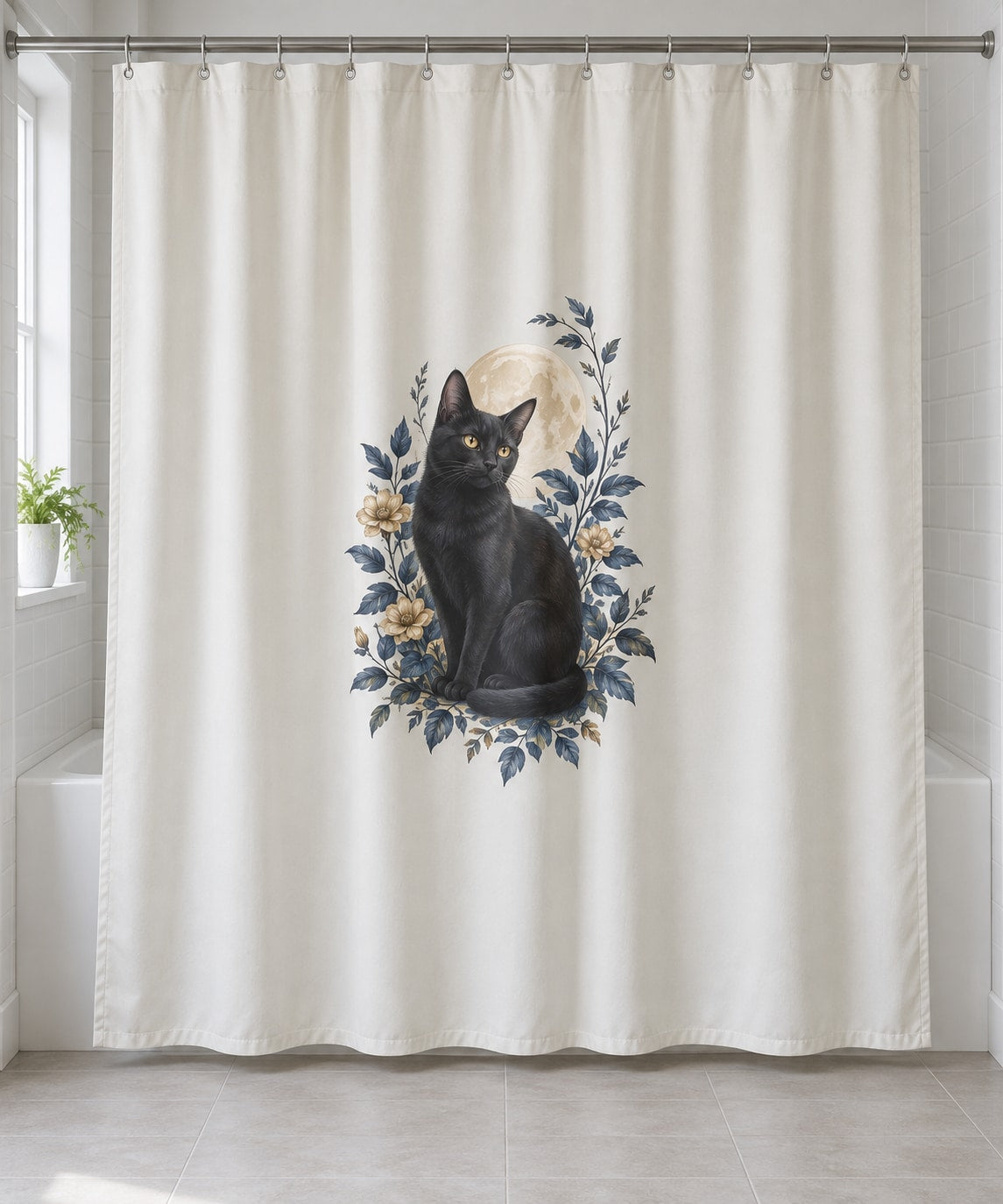 Black Cat Companion Shower Curtain with dimensional printed themed artwork; representative AI-generated mockup.