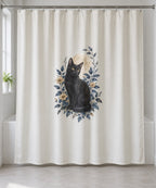 Black Cat Companion Shower Curtain with dimensional printed themed artwork; representative AI-generated mockup.