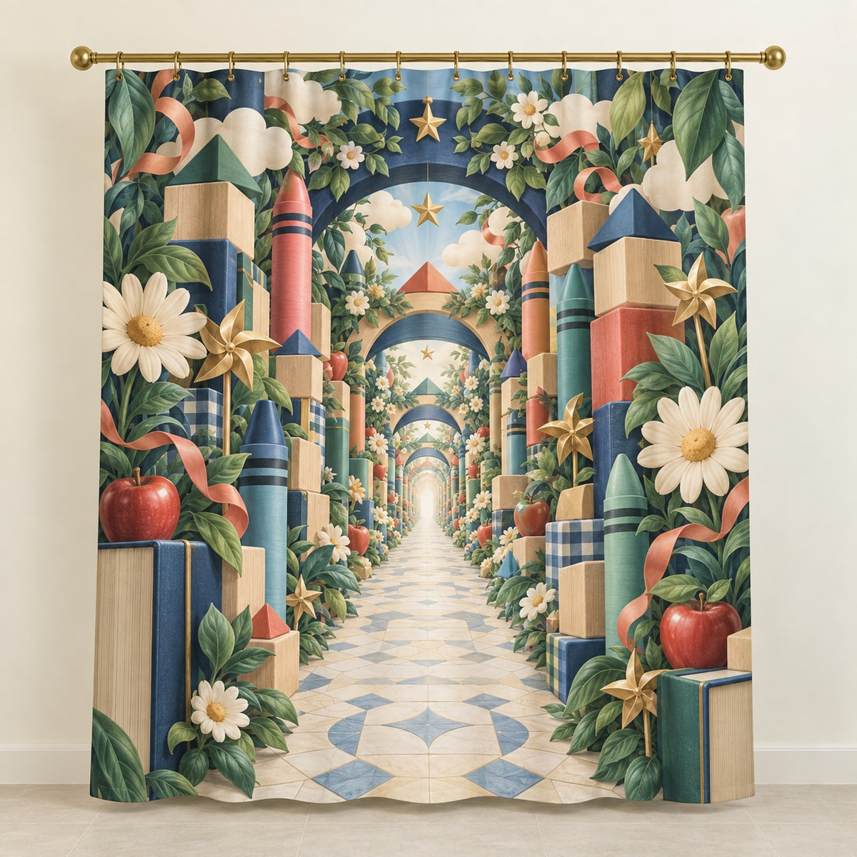 Kindergarten Wonder Garden Shower Curtain with dimensional printed themed artwork; representative AI-generated mockup.