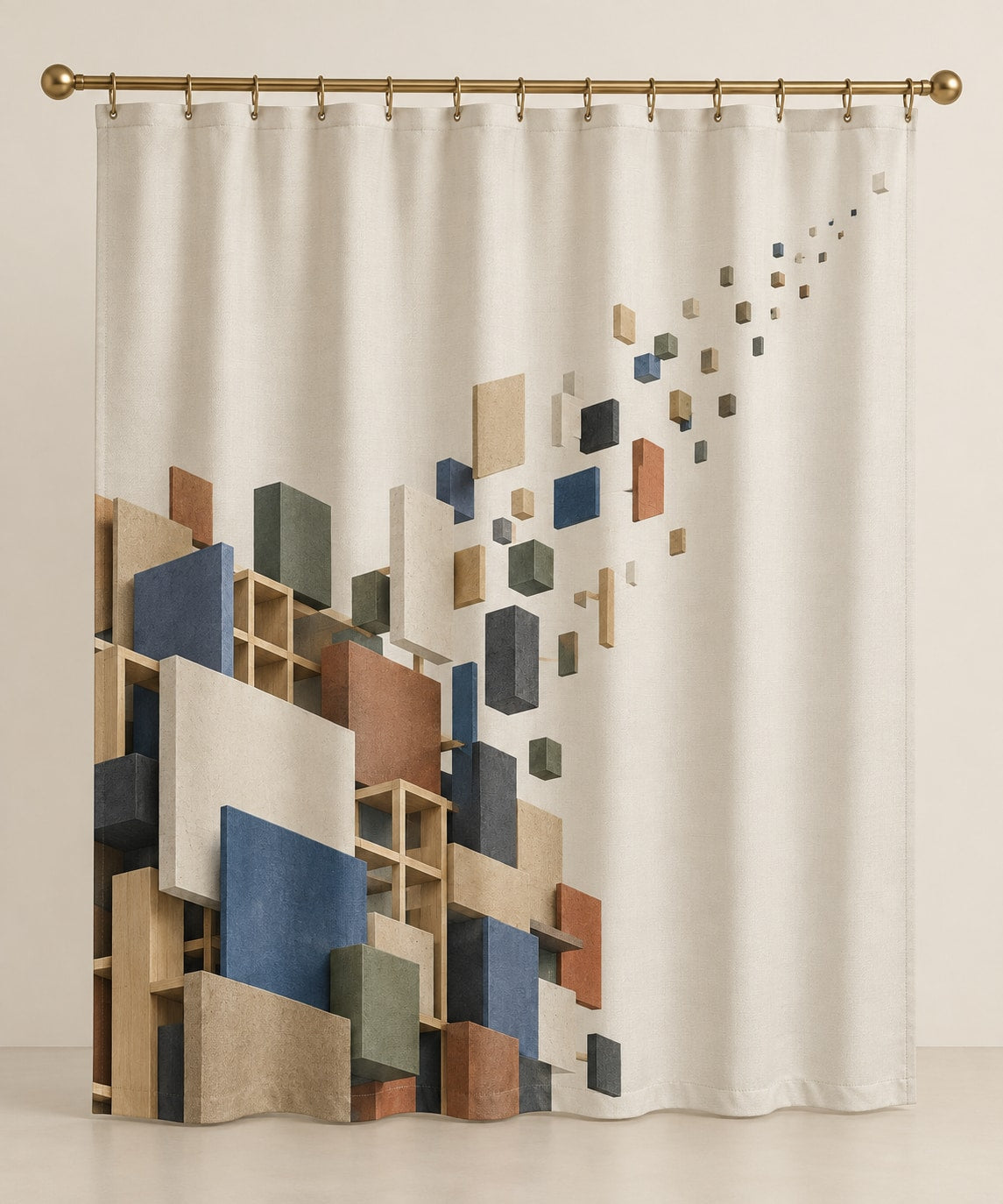 Pocket Atelier Parallax Shower Curtain with dimensional printed themed artwork; representative AI-generated mockup.