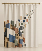 Pocket Atelier Parallax Shower Curtain with dimensional printed themed artwork; representative AI-generated mockup.