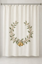 Orchard Wedding Wreath Shower Curtain with dimensional printed themed artwork; representative AI-generated mockup.