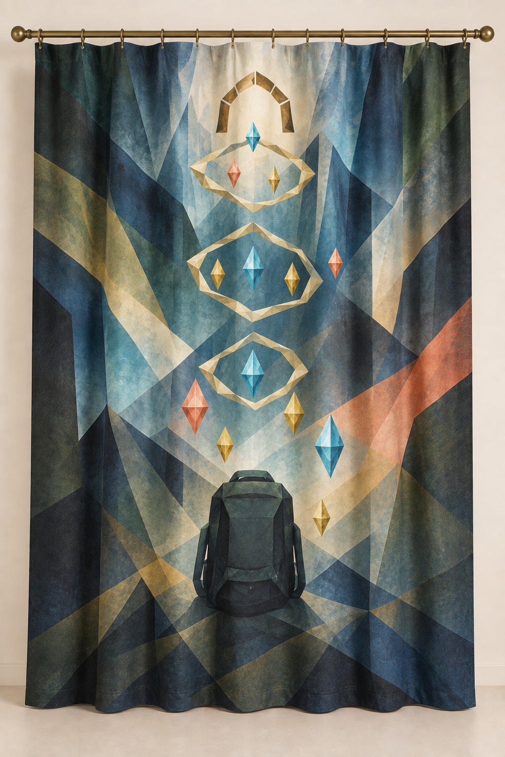Wayglass Expedition Passage Shower Curtain with dimensional printed themed artwork; representative AI-generated mockup.