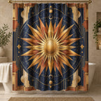Geometric Sunburst Shower Curtain with dimensional printed themed artwork; representative AI-generated mockup.
