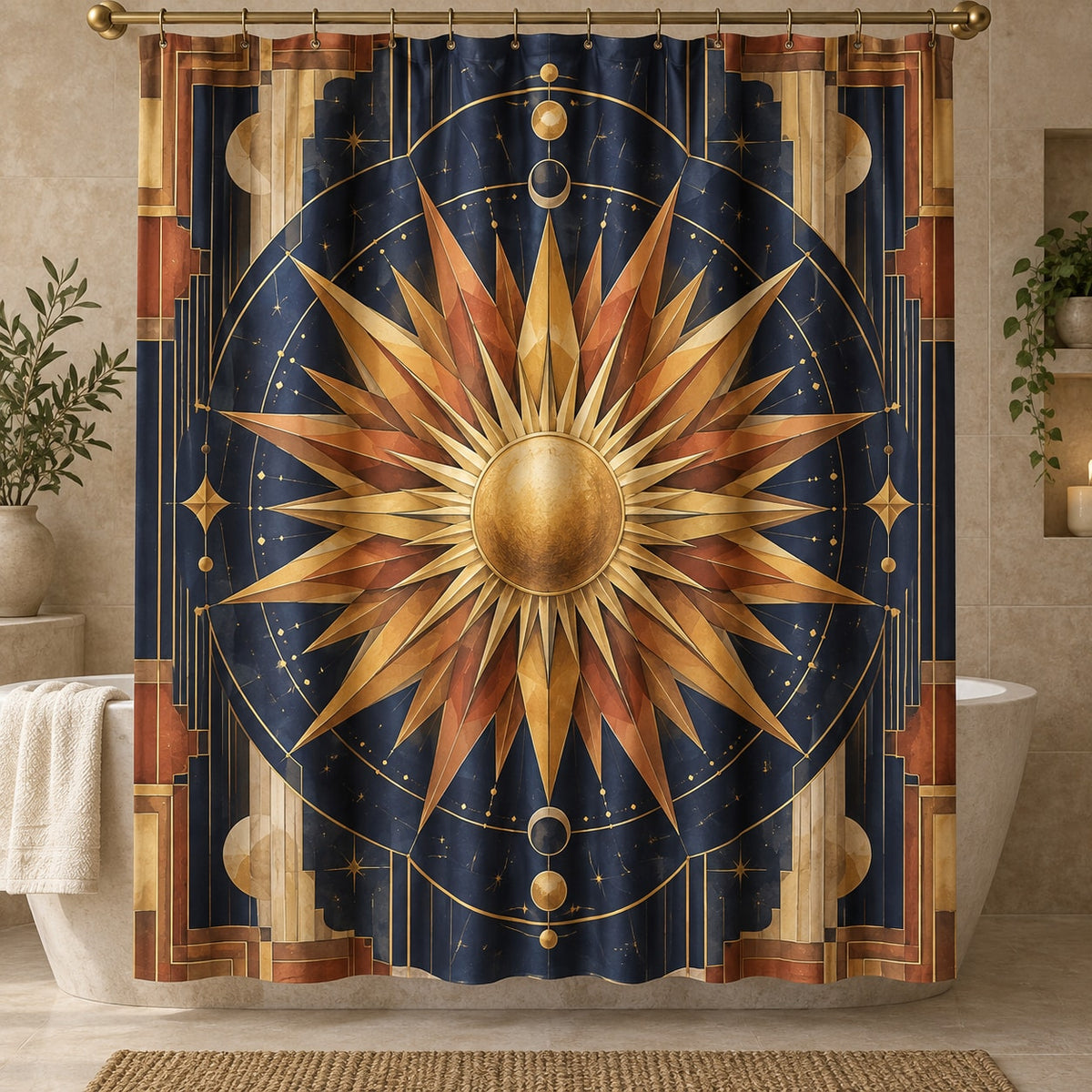 Geometric Sunburst Shower Curtain with dimensional printed themed artwork; representative AI-generated mockup.