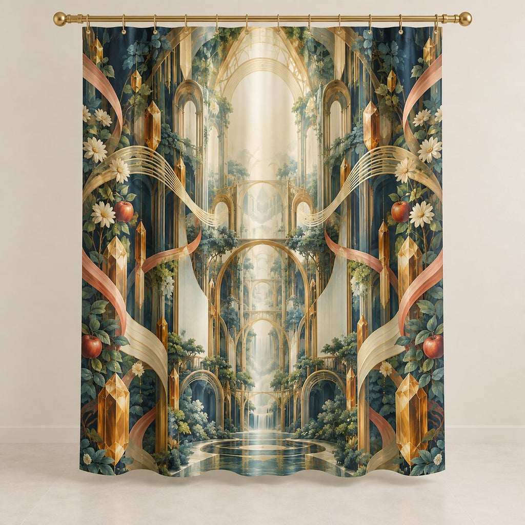Resonant Harmony Conservatory Shower Curtain with dimensional printed themed artwork; representative AI-generated mockup.