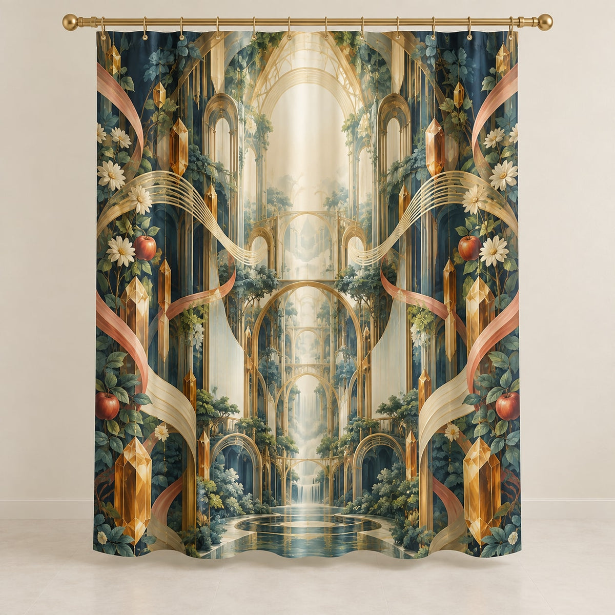 Resonant Harmony Conservatory Shower Curtain with dimensional printed themed artwork; representative AI-generated mockup.