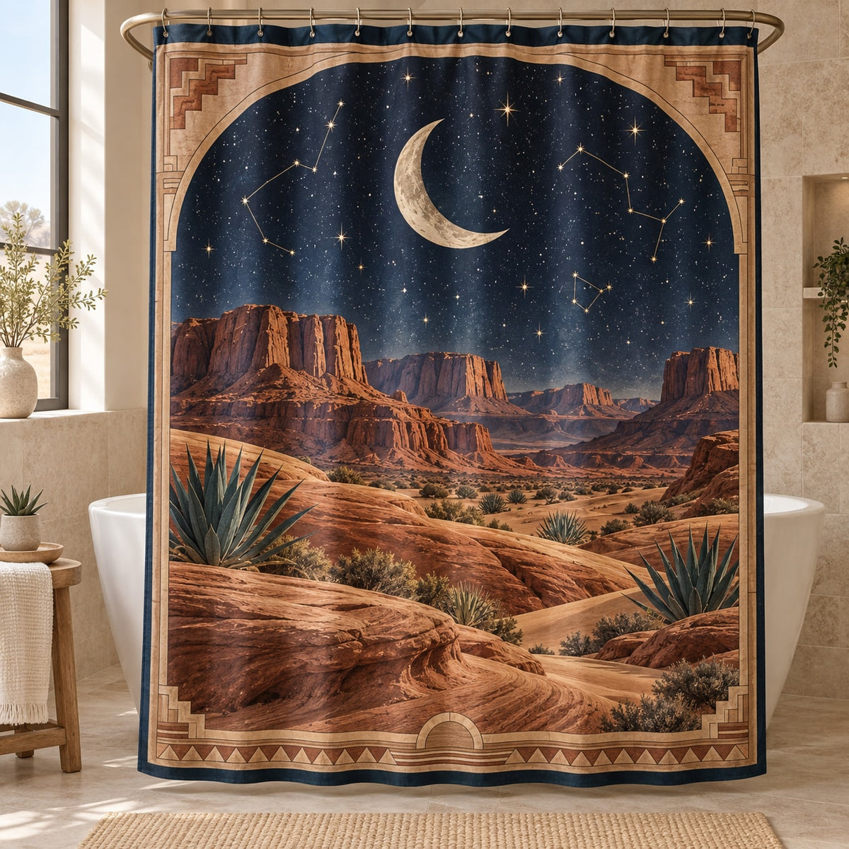 Desert Night Sky Shower Curtain with dimensional printed themed artwork; representative AI-generated mockup.