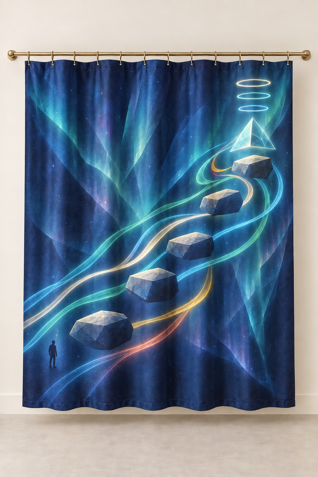 Aurora Cairn Ascension Shower Curtain with dimensional printed themed artwork; representative AI-generated mockup.