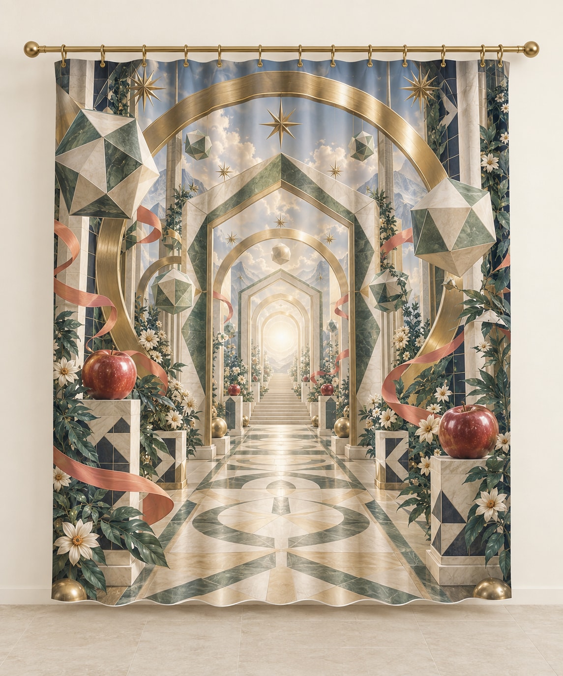 Geometric Wonder Observatory Shower Curtain with dimensional printed themed artwork; representative AI-generated mockup.