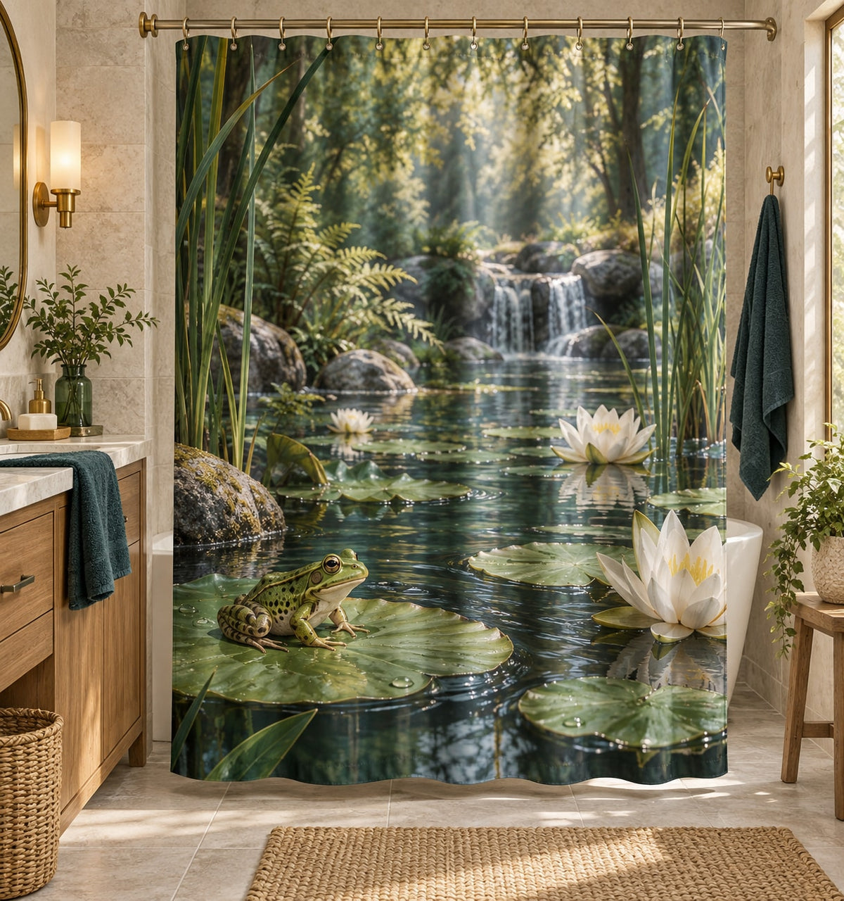 Frog Pond Shower Curtain with dimensional printed themed artwork; representative AI-generated mockup.