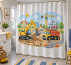 Construction Vehicle Town Shower Curtain with dimensional printed themed artwork; representative AI-generated mockup.