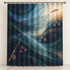 Rifflelight Cast Journey Shower Curtain with dimensional printed themed artwork; representative AI-generated mockup.