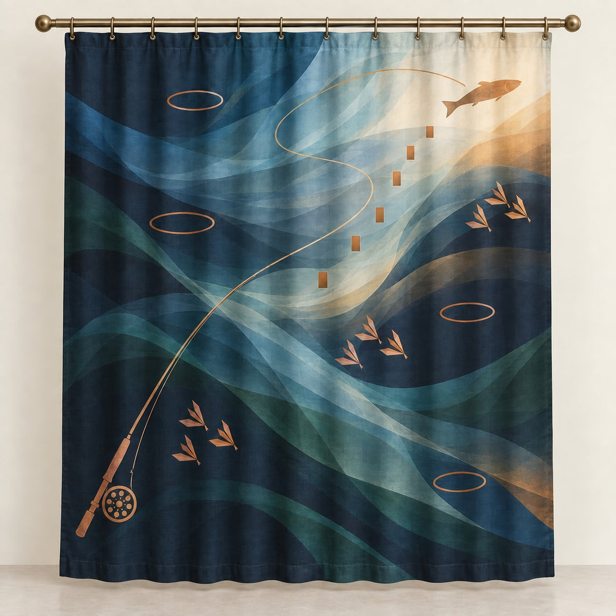 Rifflelight Cast Journey Shower Curtain with dimensional printed themed artwork; representative AI-generated mockup.