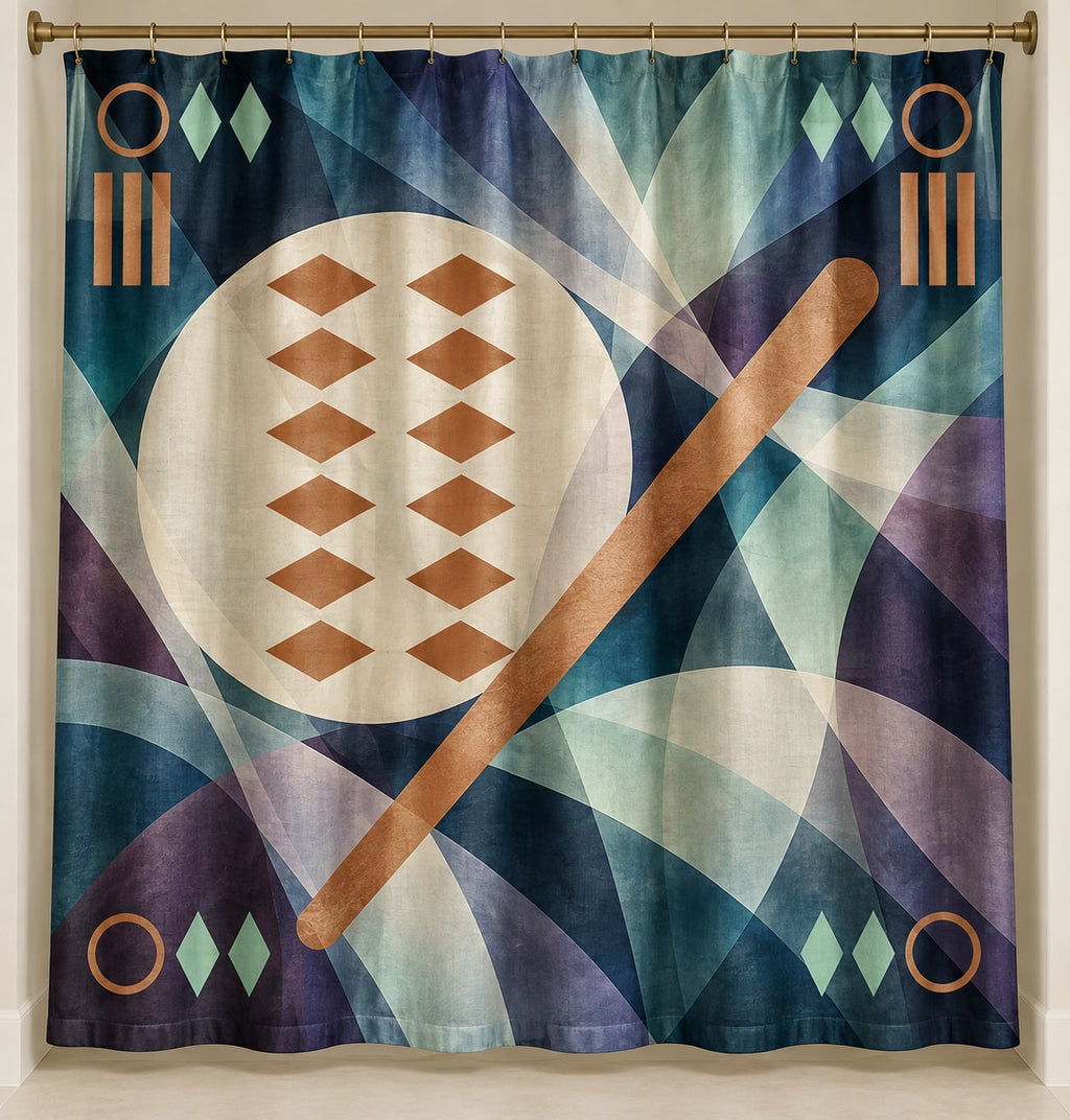 Diamond Dusk Rally Shower Curtain with dimensional printed themed artwork; representative AI-generated mockup.