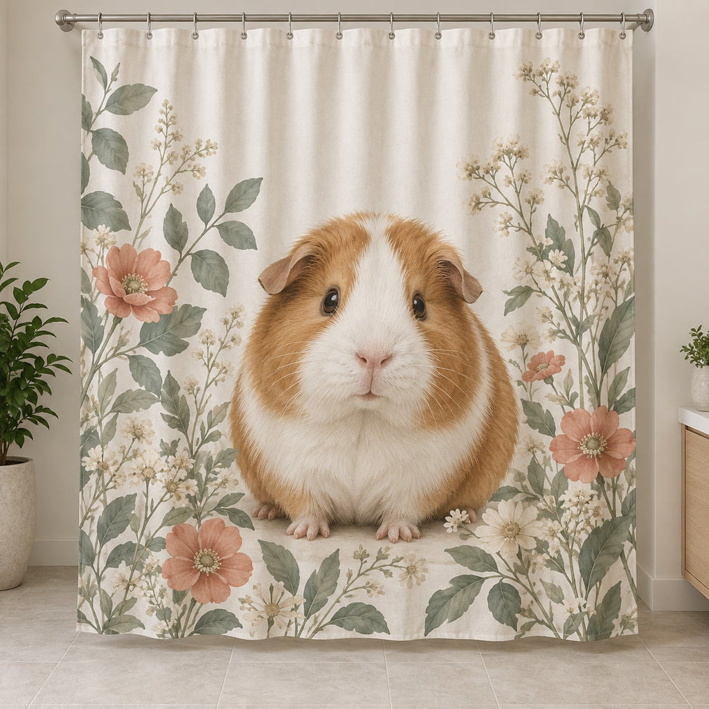 Guinea Pig Companion Shower Curtain with dimensional printed themed artwork; representative AI-generated mockup.