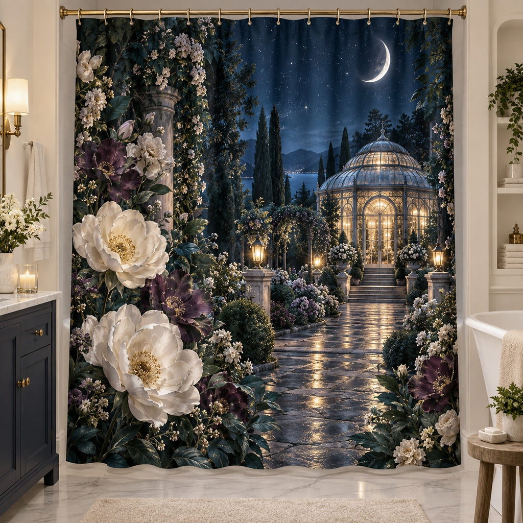 Celestial Botanical Garden Shower Curtain with dimensional printed themed artwork; representative AI-generated mockup.