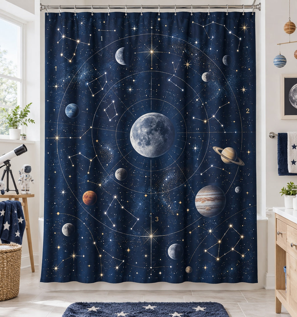 Number Constellation Shower Curtain with dimensional printed themed artwork; representative AI-generated mockup.
