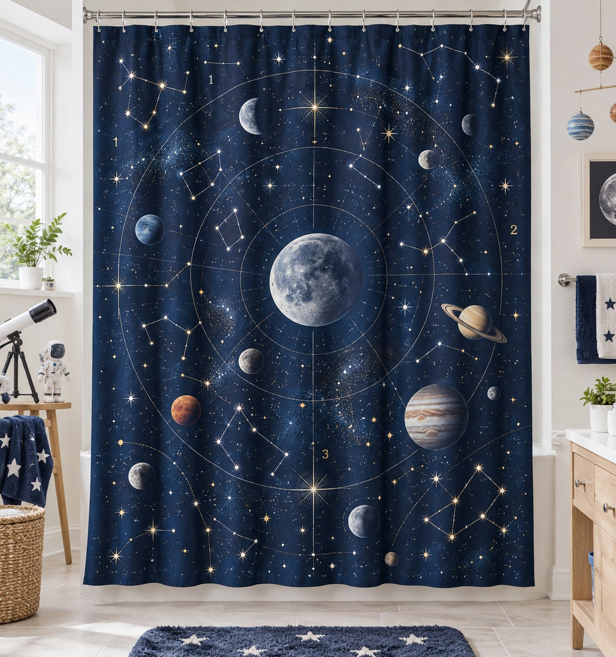 Number Constellation Shower Curtain with dimensional printed themed artwork; representative AI-generated mockup.