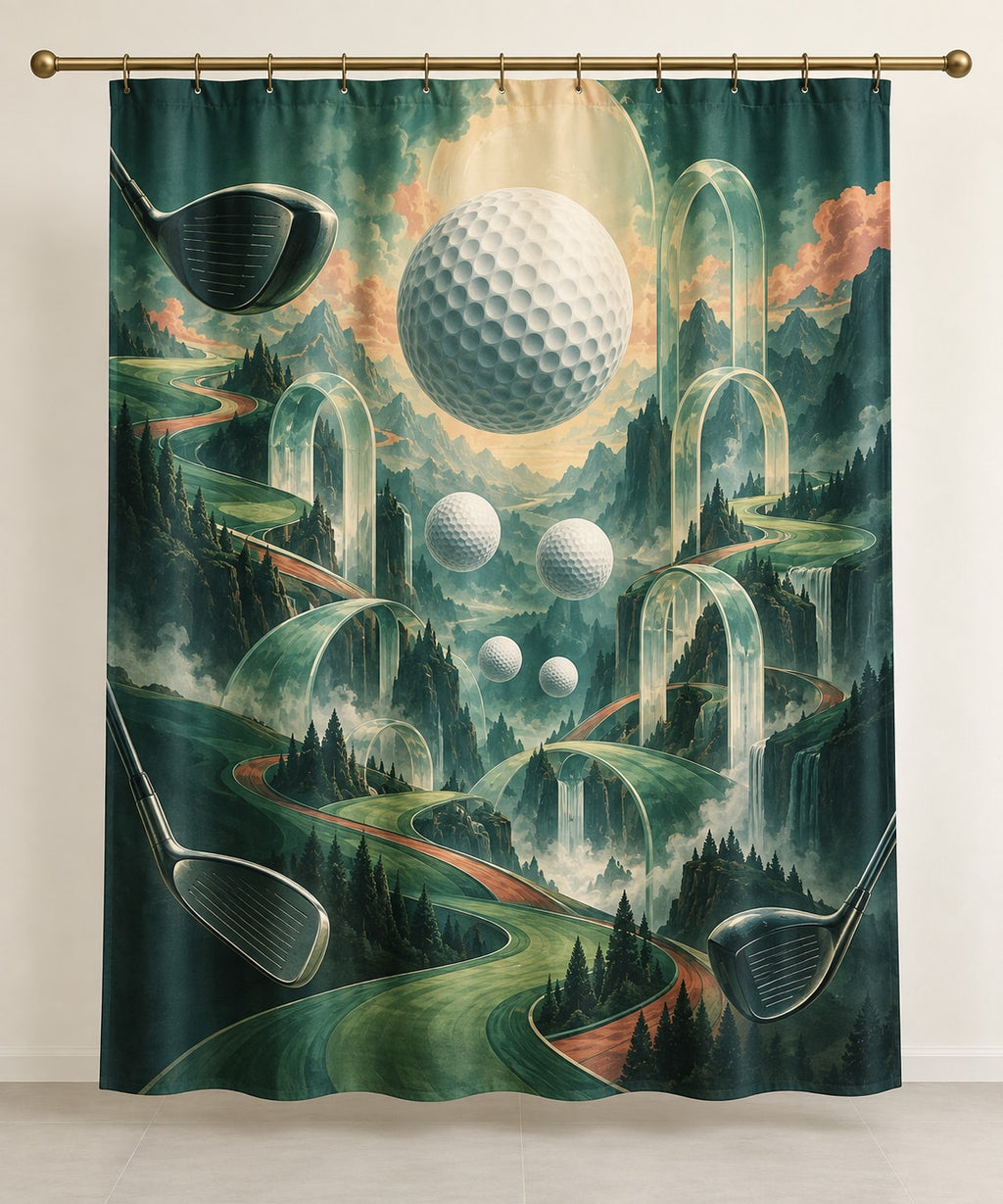 Verdant Pinflight Observatory Shower Curtain with dimensional printed themed artwork; representative AI-generated mockup.