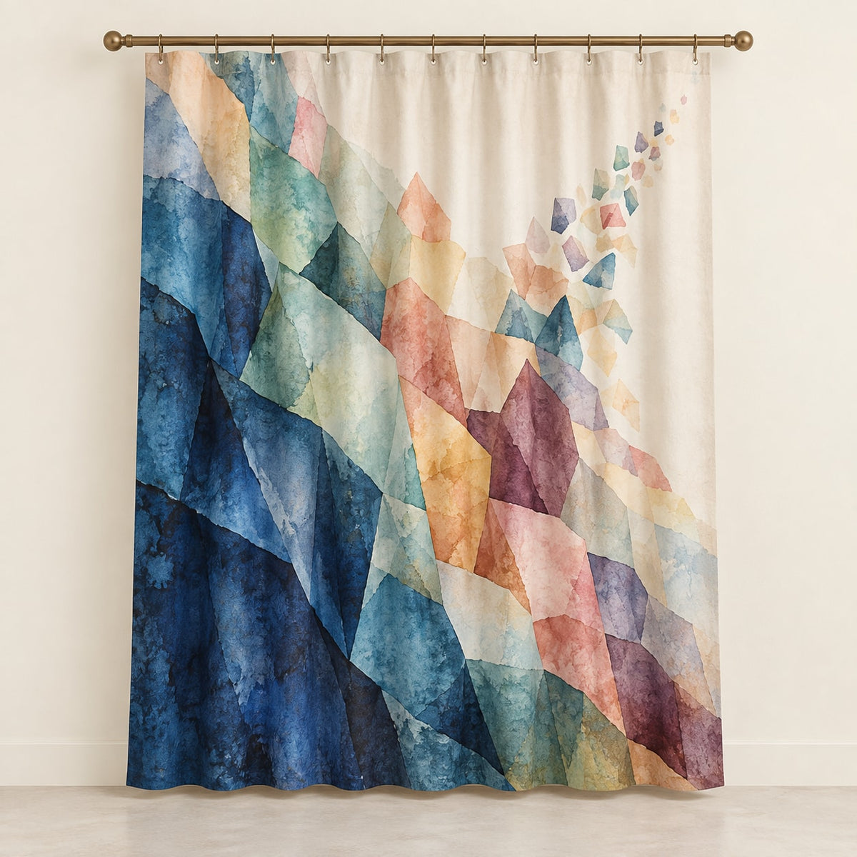 Pigment Veilcascade Shower Curtain with dimensional printed themed artwork; representative AI-generated mockup.