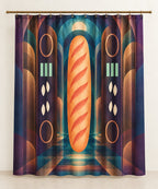 Baguette Aurora Relay Shower Curtain with dimensional printed themed artwork; representative AI-generated mockup.