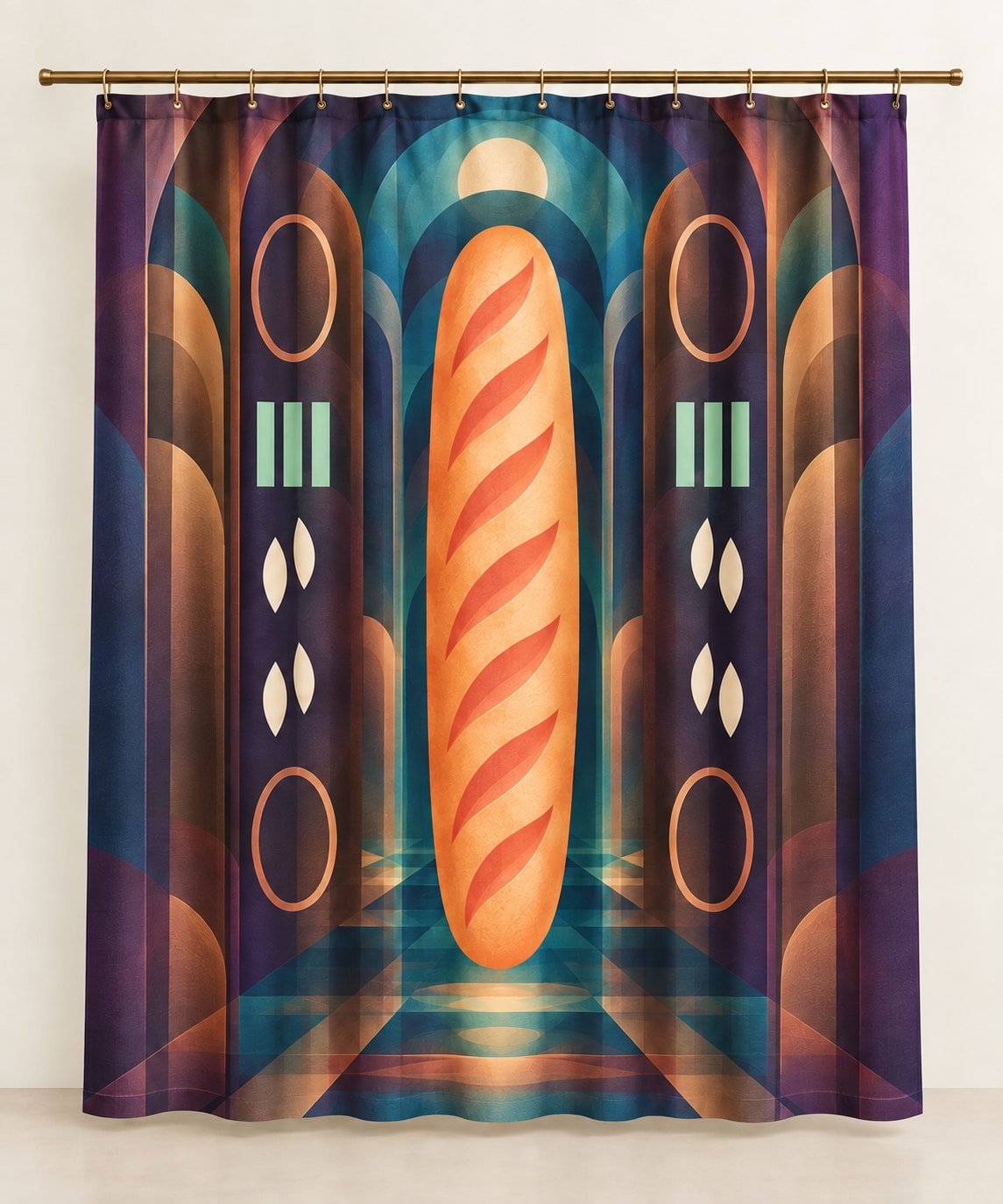 Baguette Aurora Relay Shower Curtain with dimensional printed themed artwork; representative AI-generated mockup.