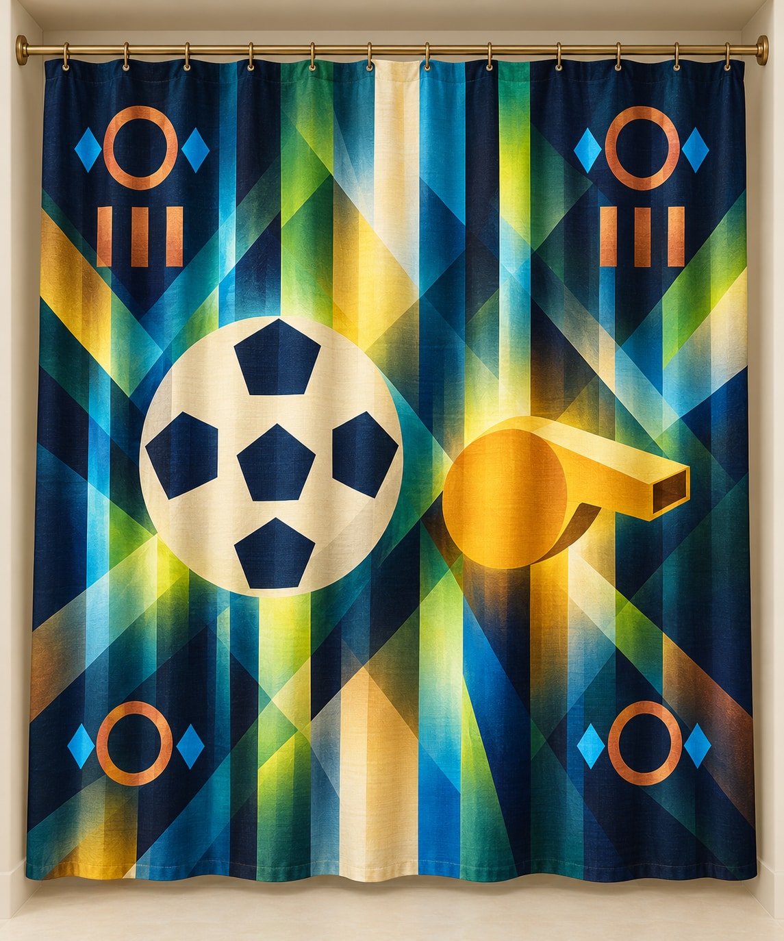 Touchline Signal Prism Shower Curtain with dimensional printed themed artwork; representative AI-generated mockup.