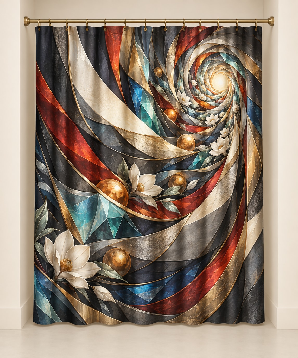 Emberline Rescue Atrium Shower Curtain with dimensional printed themed artwork; representative AI-generated mockup.