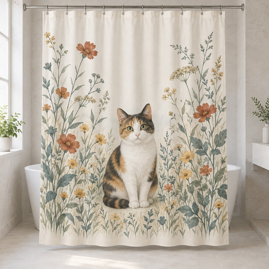 Calico Cat Companion Shower Curtain with dimensional printed themed artwork; representative AI-generated mockup.