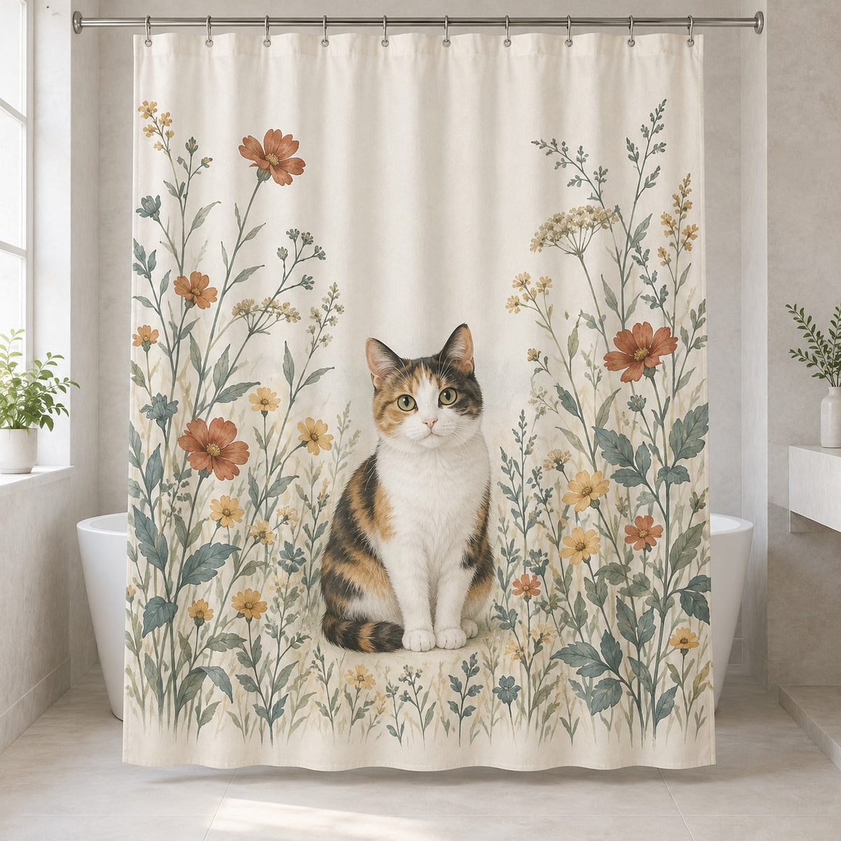 Calico Cat Companion Shower Curtain with dimensional printed themed artwork; representative AI-generated mockup.