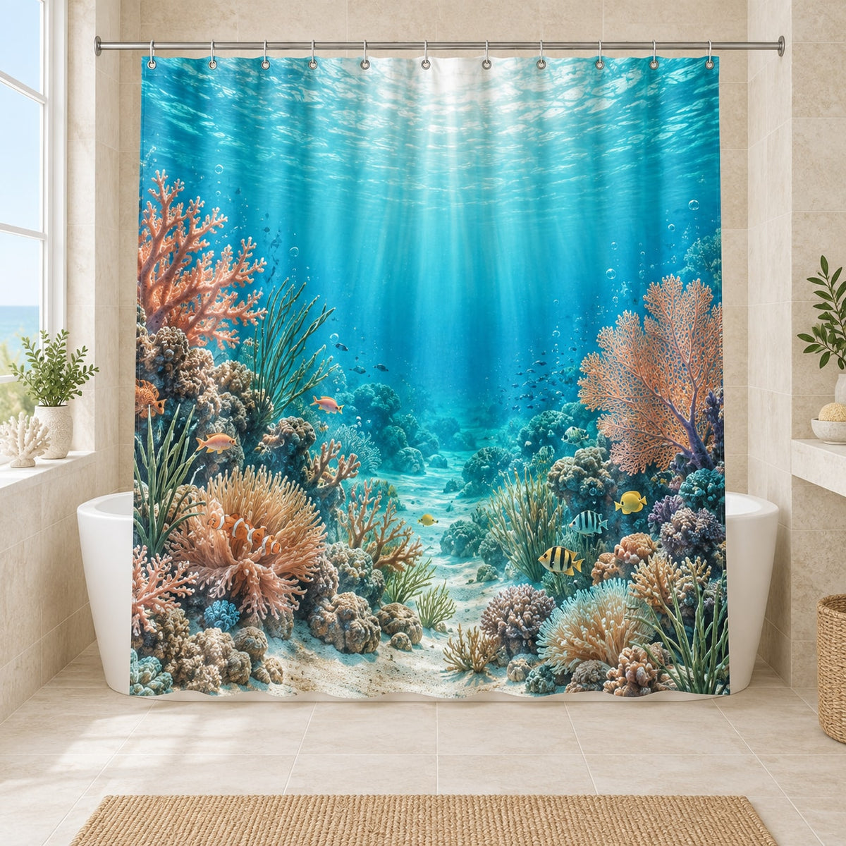 Coral Reef Shower Curtain with dimensional printed themed artwork; representative AI-generated mockup.