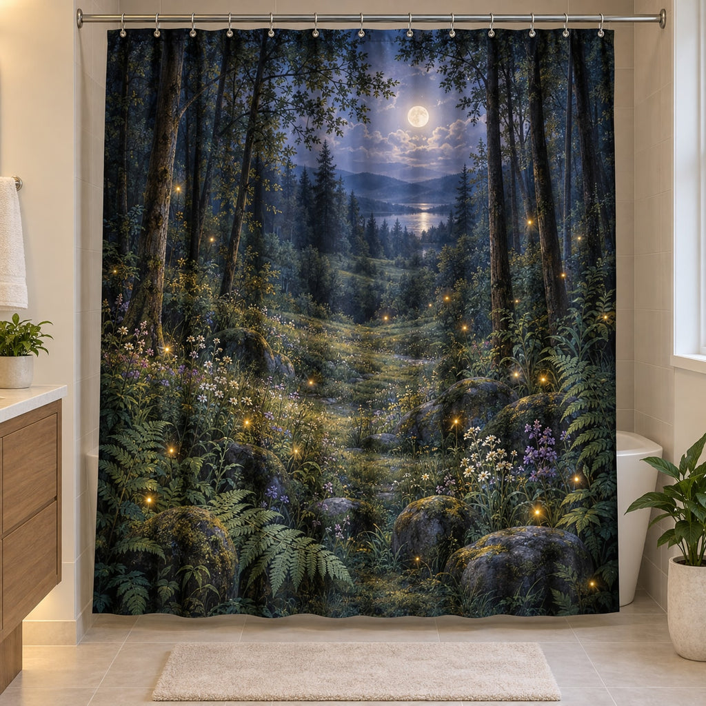 Firefly Clearing Shower Curtain with dimensional printed themed artwork; representative AI-generated mockup.
