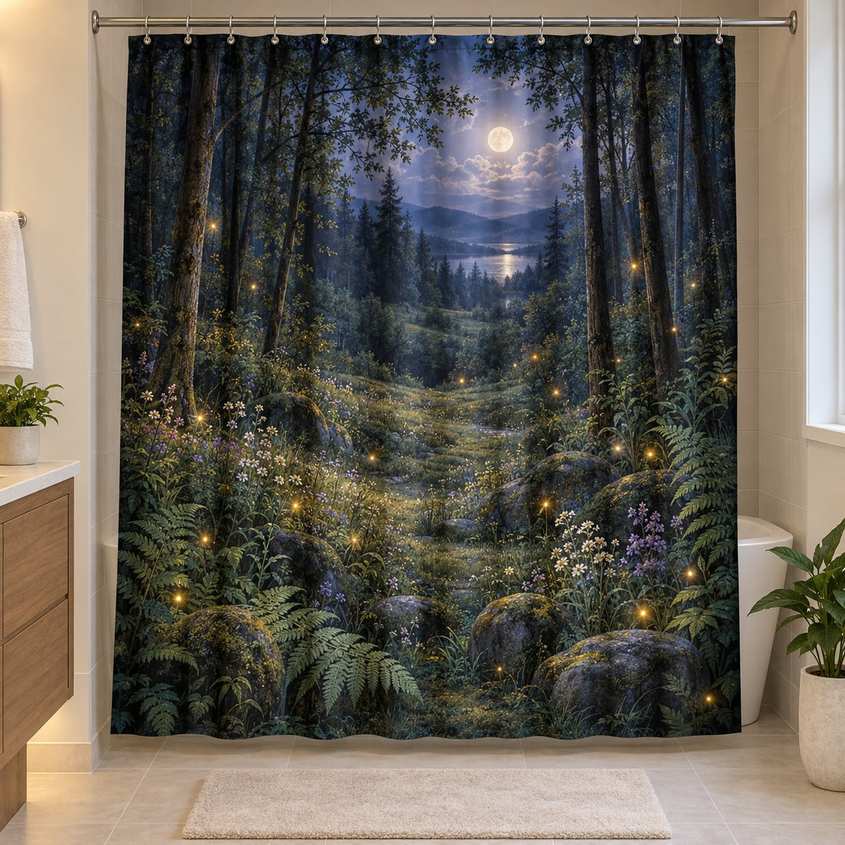 Firefly Clearing Shower Curtain with dimensional printed themed artwork; representative AI-generated mockup.