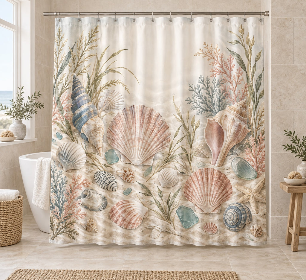 Seashell Study Shower Curtain with dimensional printed themed artwork; representative AI-generated mockup.