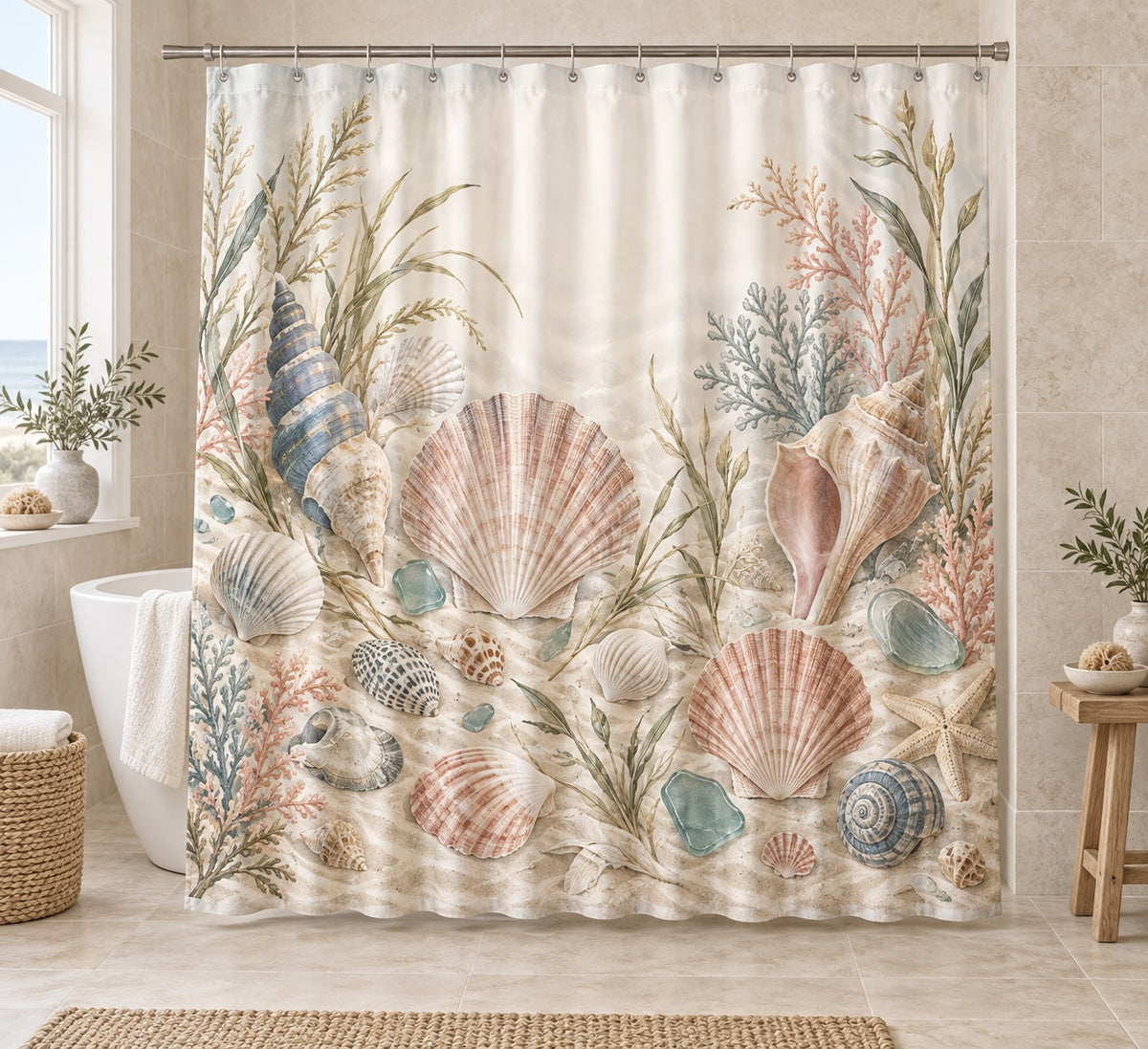 Seashell Study Shower Curtain with dimensional printed themed artwork; representative AI-generated mockup.