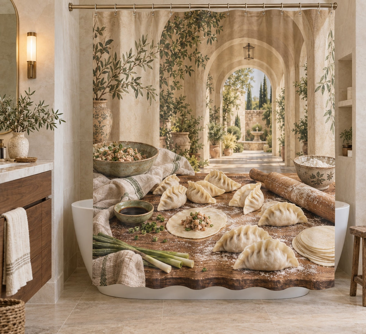 Dumpling Making Shower Curtain with dimensional printed themed artwork; representative AI-generated mockup.