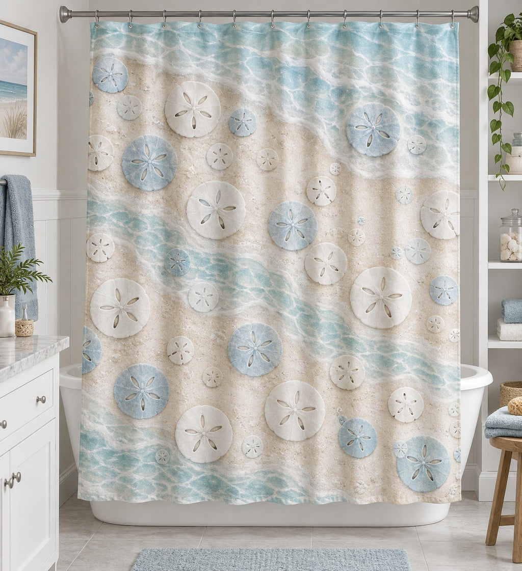Sand Dollar Pattern Shower Curtain with dimensional printed themed artwork; representative AI-generated mockup.