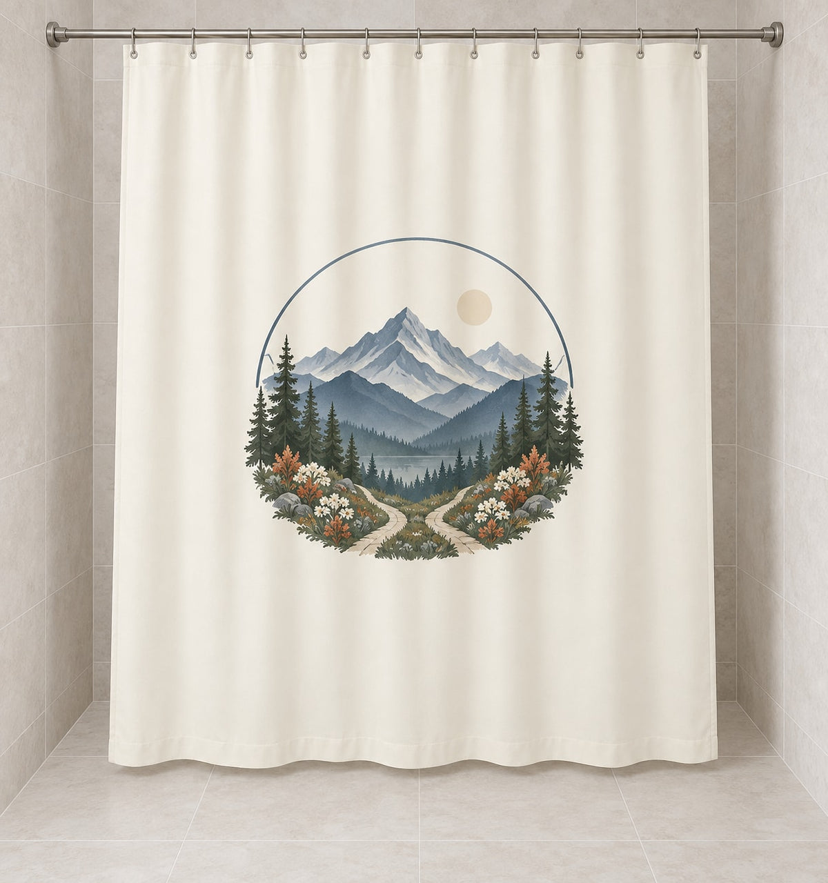 Mountain Elopement Ridge Shower Curtain with dimensional printed themed artwork; representative AI-generated mockup.