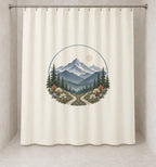Mountain Elopement Ridge Shower Curtain with dimensional printed themed artwork; representative AI-generated mockup.