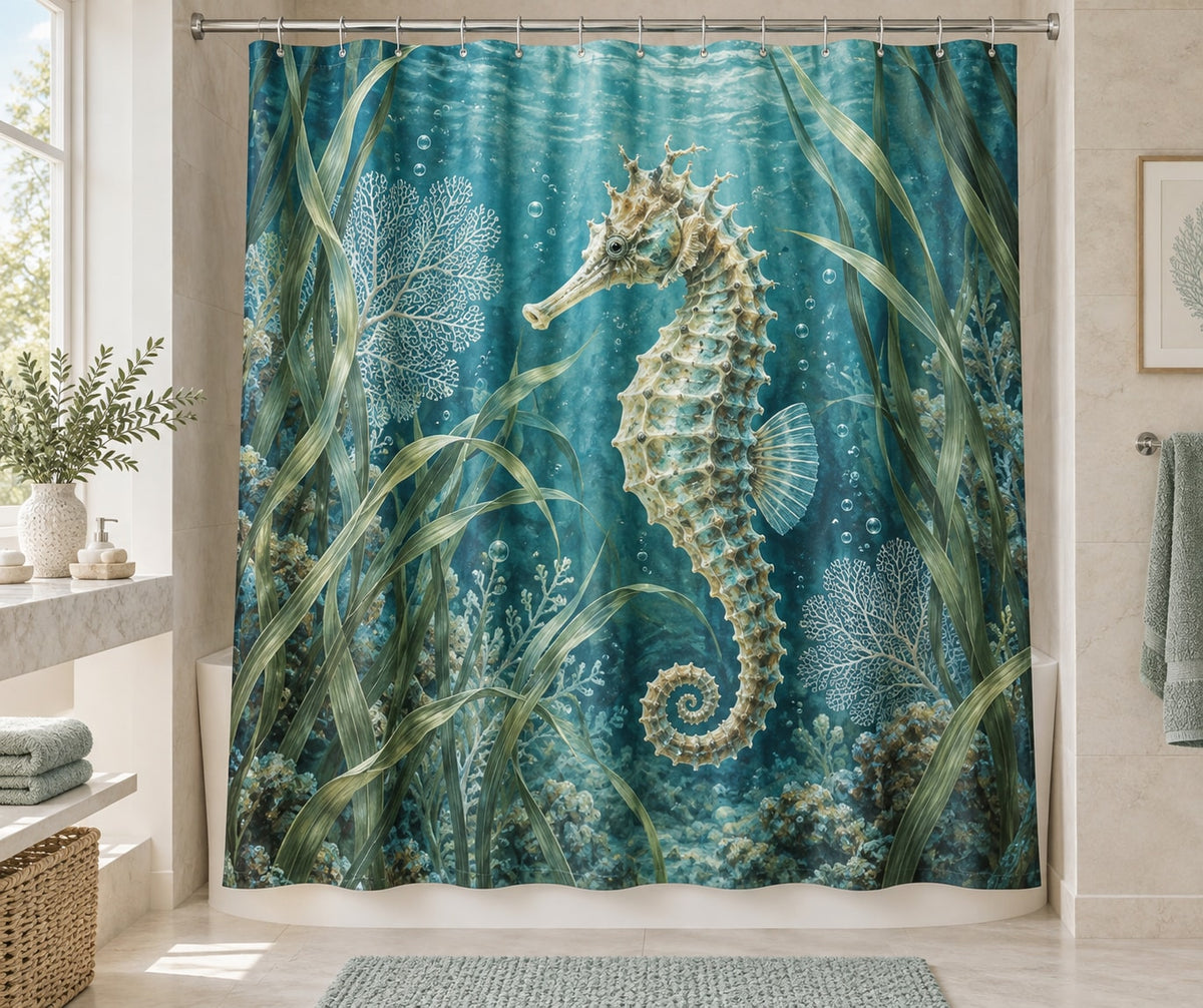 Seahorse Sea Grass Shower Curtain with dimensional printed themed artwork; representative AI-generated mockup.