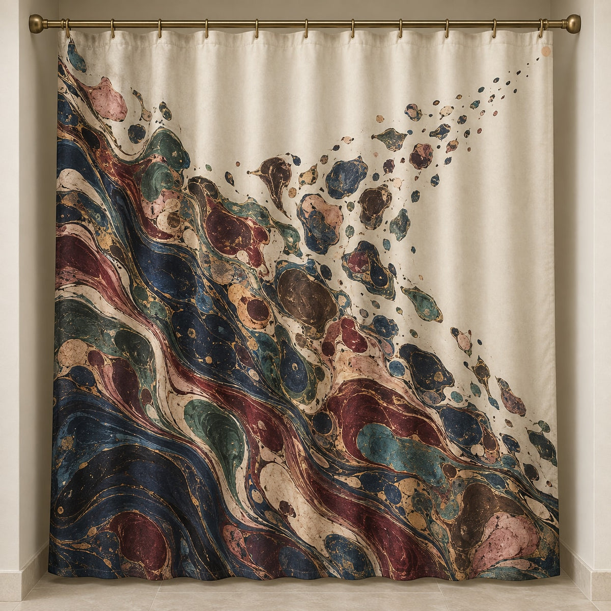 Folio Marbling Rift Shower Curtain with dimensional printed themed artwork; representative AI-generated mockup.