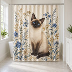 Siamese Cat Companion Shower Curtain with dimensional printed themed artwork; representative AI-generated mockup.