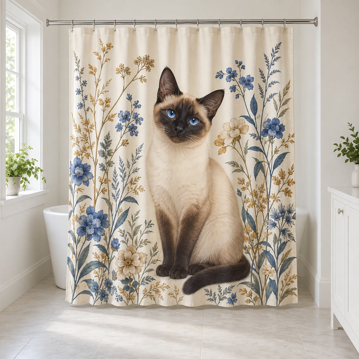 Siamese Cat Companion Shower Curtain with dimensional printed themed artwork; representative AI-generated mockup.