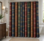 Anonymous Book Spines Shower Curtain with dimensional printed themed artwork; representative AI-generated mockup.