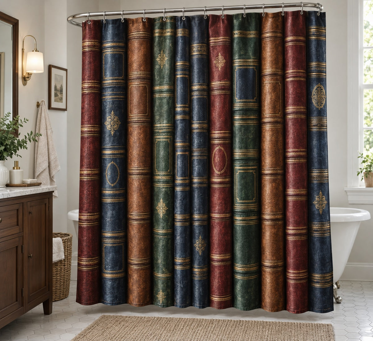 Anonymous Book Spines Shower Curtain with dimensional printed themed artwork; representative AI-generated mockup.