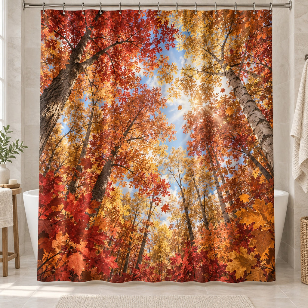 Autumn Forest Canopy Shower Curtain with dimensional printed themed artwork; representative AI-generated mockup.