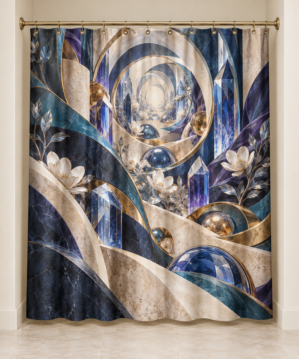 Spatial Prism Atelier Shower Curtain with dimensional printed themed artwork; representative AI-generated mockup.