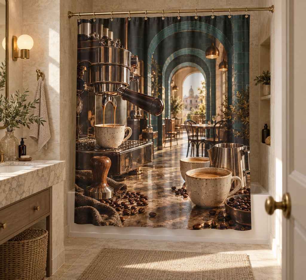 Espresso Corner Shower Curtain with dimensional printed themed artwork; representative AI-generated mockup.