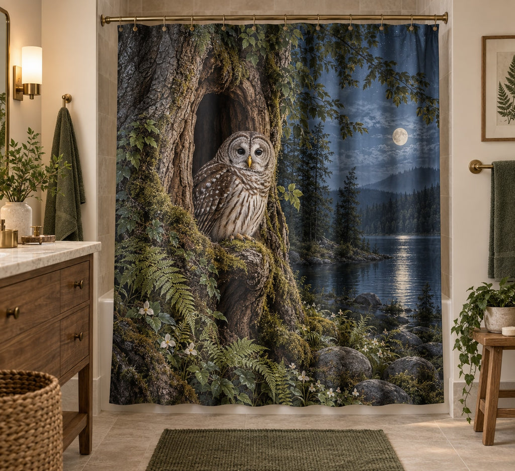 Owl Hollow Shower Curtain with dimensional printed themed artwork; representative AI-generated mockup.